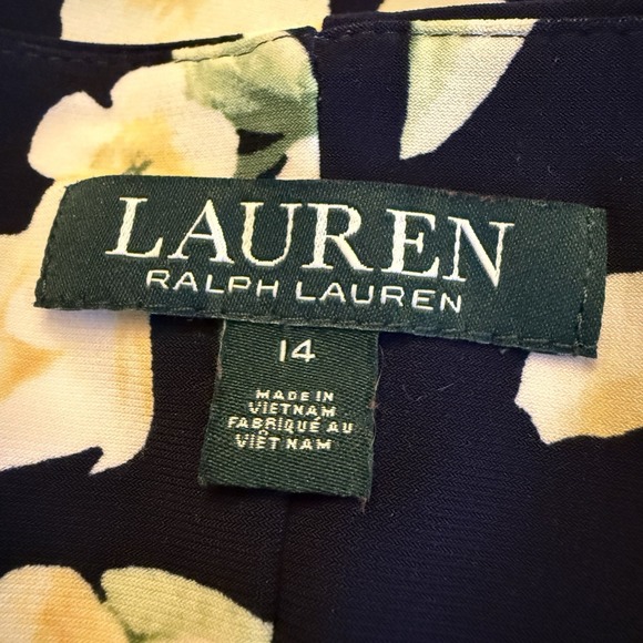 Lauren Ralph Lauren Womens 14 Navy Yellow Floral Cowl-Neck Jersey Dress Ruched - Picture 8 of 10